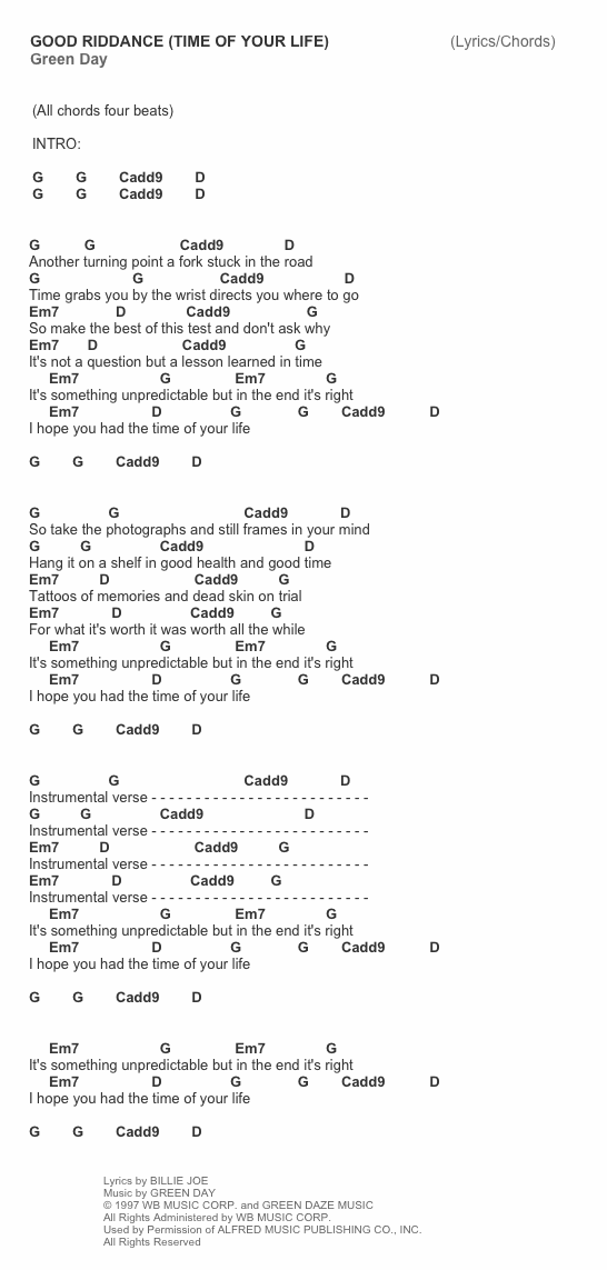 Good Riddance (Time of Your Life) by Green Day guitar tab chords lyrics cheat sheet