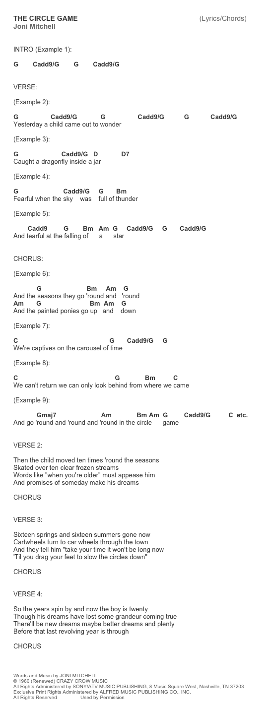 The Circle Game by Joni Mitchell guitar tab chords lyrics cheat sheet
