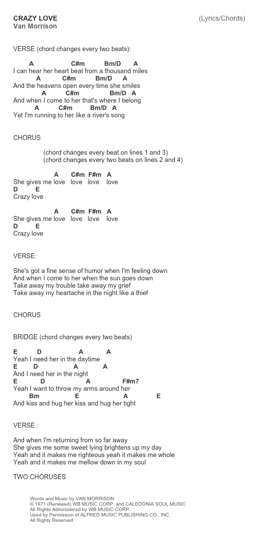 Crazy Love by Van Morrison cheat sheet guitar chords tab lyrics