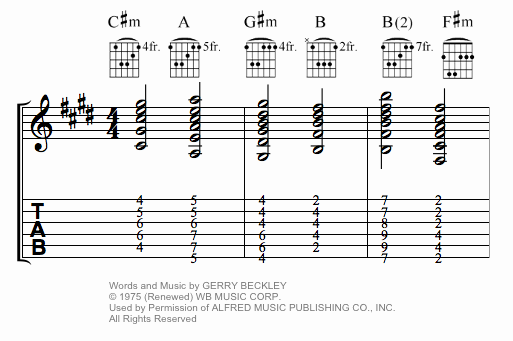 Sister Golden Hair by America barre chord chart