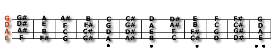 Bass guitar fretboard map